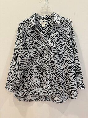Cynthia Rowley Top Women 1X Black White Linen Animal Print Long Sleeve Button Up